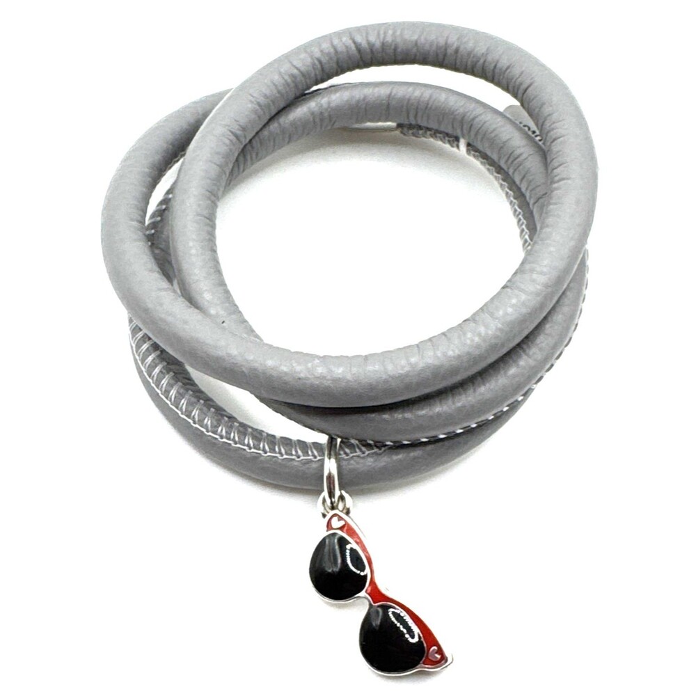 Brighton Woodstock Light Grey Triple Leather Bracelet 23in NWT +Sunglasses Charm